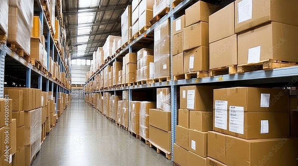 A spacious warehouse filled with stacked cardboard boxes on shelves. A spacious warehouse filled with stacked cardboard boxes on shelves.