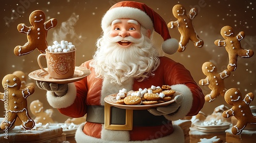 Santa Claus happily holding a plate of cookies and a mug of hot cocoa with marshmallows, surrounded by gingerbread men dancing around him, cute cartoon style, fun and vibrant colors,