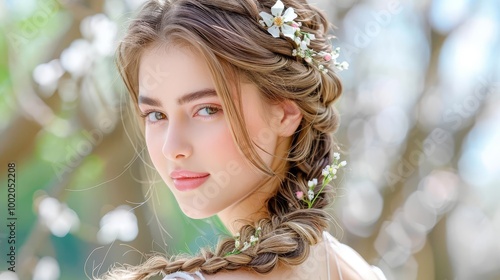 A close-up shot of a woman s intricate fishtail braid adorned with small fresh flowers