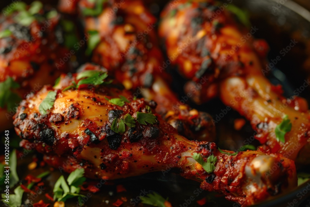 Spicy grilled chicken drumsticks with chili flakes and smoky BBQ glaze garnished with herbs for a flavorful feast Spicy grilled chicken drumsticks with chili flakes and smoky BBQ glaze garnished with herbs for a flavorful feast