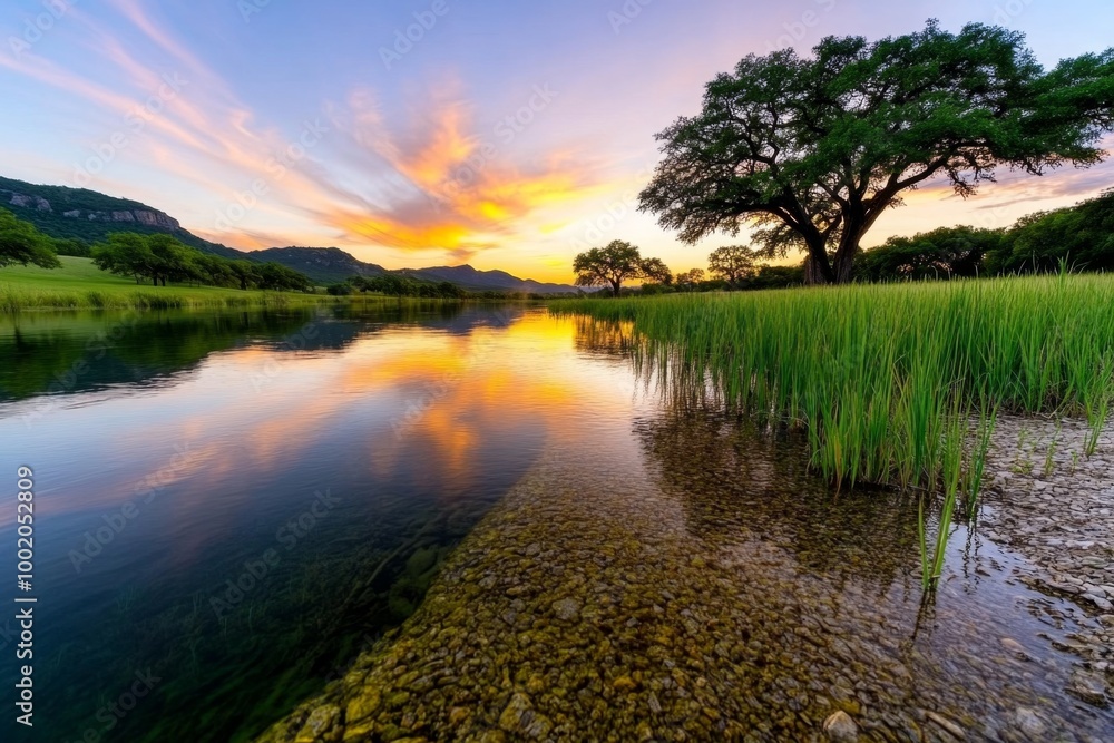 A peaceful river reflecting the colors of sunrise, with soft pink and orange hues filling the sky, while trees and reeds line the tranquil banks A peaceful river reflecting the colors of sunrise, with soft pink and orange hues filling the sky, while trees and reeds line the tranquil banks