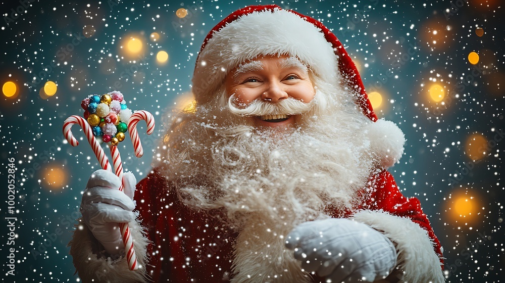 Santa Claus holding a candy cane scepter with sugar plums and colorful Christmas lights twinkling around him, cute cartoon style, vibrant holiday colors, joyful expression, snowy background, Santa Claus holding a candy cane scepter with sugar plums and colorful Christmas lights twinkling around him, cute cartoon style, vibrant holiday colors, joyful expression, snowy background,