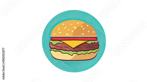 A hamburger icon with layers of beef, lettuce, and cheese, on a circular background with bright, playful colors.