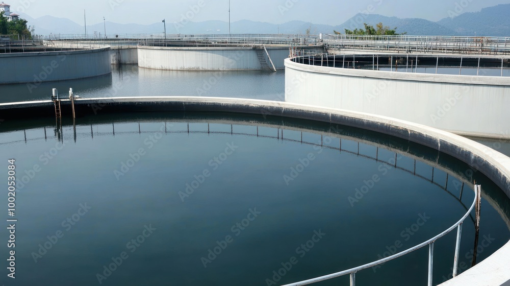 Fototapeta premium A water treatment facility with circular tanks for purification processes.