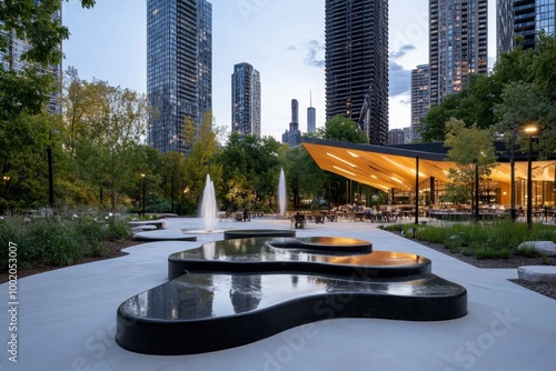 A pedestrian-friendly urban plaza, surrounded by innovative architecture, fountains, and outdoor cafes, creating a lively public space photo