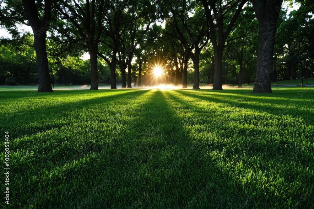 A quiet park at sunrise, with mist rising from the grass and sunlight breaking through the trees, casting soft shadows across the peaceful landscape A quiet park at sunrise, with mist rising from the grass and sunlight breaking through the trees, casting soft shadows across the peaceful landscape