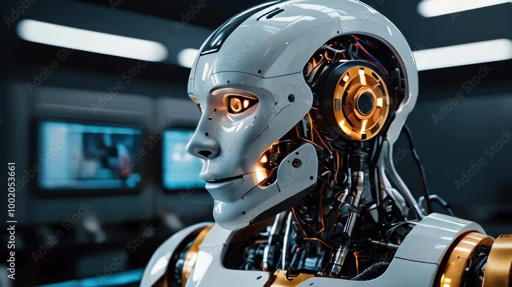 Exploring advanced robotics with a detailed view of a humanoid robot in a futuristic lab setting Exploring advanced robotics with a detailed view of a humanoid robot in a futuristic lab setting