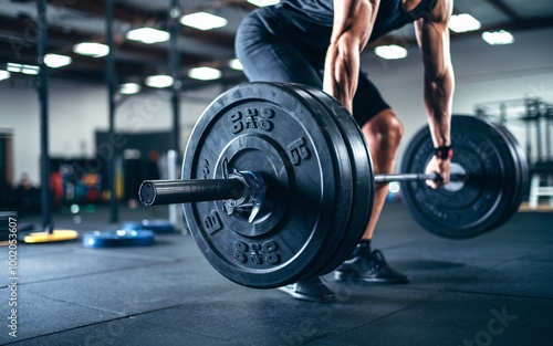 A man lifts a barbell in a gym.