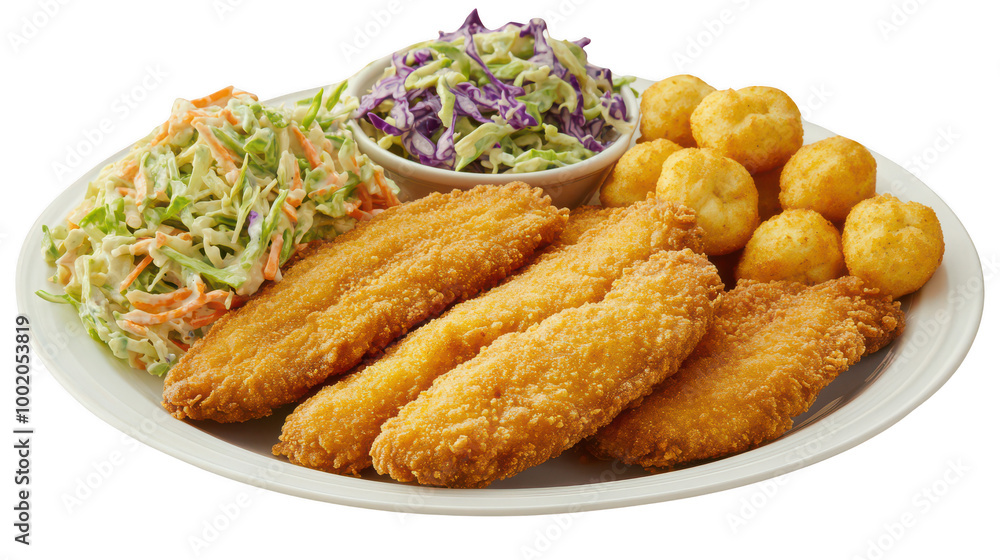 Crispy Fried Fish Meal with Coleslaw and Potato Bites Crispy Fried Fish Meal with Coleslaw and Potato Bites