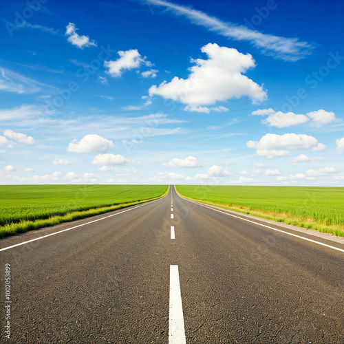 Peaceful Quiet Country Road, Asphalt road in green fields under beautiful sky stock photo