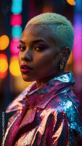 Woman with short yellow hair, metallic outfit, and intense expression