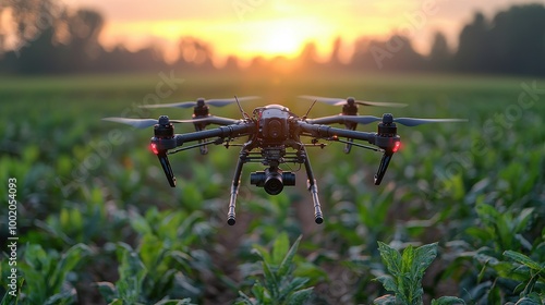 A drone surveys a lush green field during sunset, capturing agricultural data for crop management