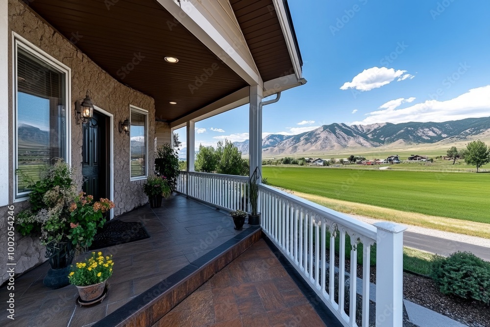 A rural home with a porch overlooking wide green fields, a quiet and peaceful setting that represents the slower pace of countryside living A rural home with a porch overlooking wide green fields, a quiet and peaceful setting that represents the slower pace of countryside living