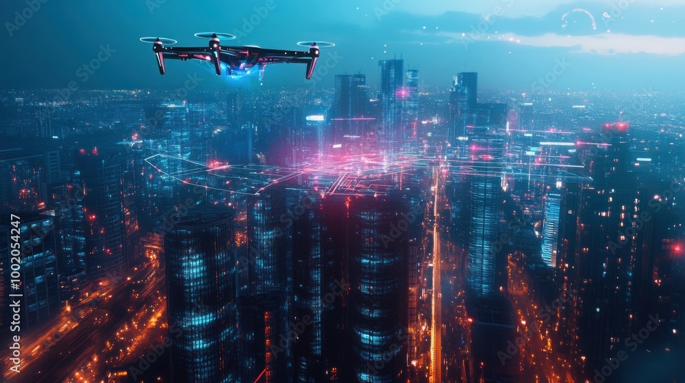 A drone hovers above a neon-lit futuristic cityscape at night, symbolizing advanced urban technology and surveillance in a densely populated, high-tech metropolis. A drone hovers above a neon-lit futuristic cityscape at night, symbolizing advanced urban technology and surveillance in a densely populated, high-tech metropolis.