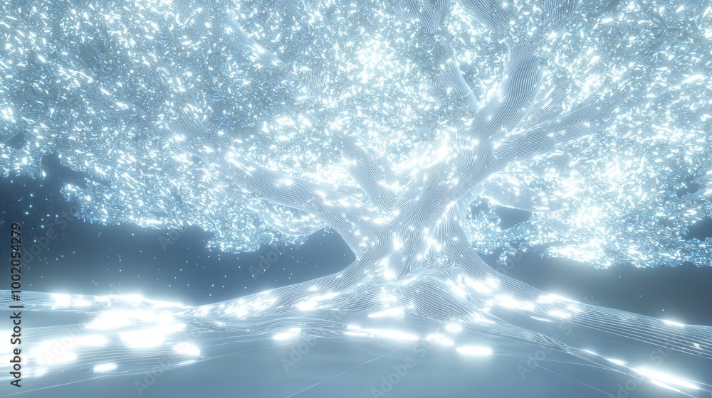 Fototapeta premium Illuminated Digital Tree of Light - Futuristic Cyber Landscape with Glowing Branches and Tapestry Design