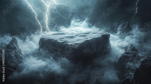 Stone podium floating amidst swirling ethereal smoke, jagged lightning bolts striking around, black background, cinematic lighting, digital painting, moody atmosphere