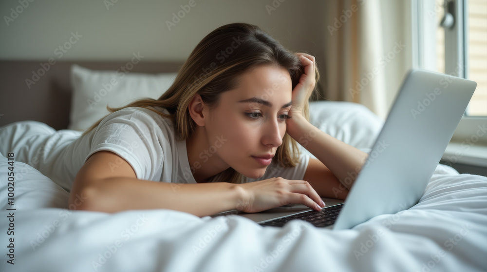 An attractive woman relaxing in bed while looking at her laptop. Her head is resting on her arm and her fingers are on the keyboard exploring the internet or messaging a friend An attractive woman relaxing in bed while looking at her laptop. Her head is resting on her arm and her fingers are on the keyboard exploring the internet or messaging a friend