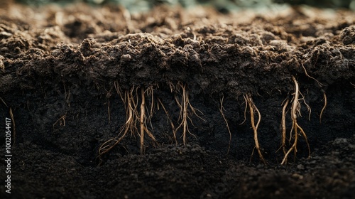 An engaging real-life photograph for World Soil Day, featuring a close-up view of rich, fertile soil with visible plant roots, illustrating the importance of soil health and conservation