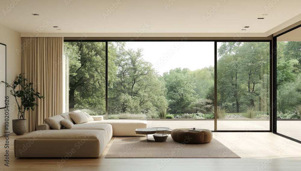 Modern luxury living room with glass walls, wooden floor, table and white sofa with forest view outside the house. Created with Ai Modern luxury living room with glass walls, wooden floor, table and white sofa with forest view outside the house. Created with Ai