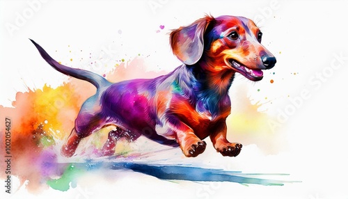 Vibrant watercolor illustration of playful dachshund running