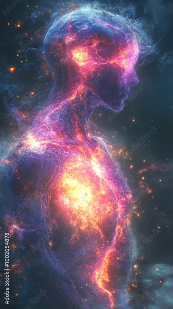 A glowing, ethereal figure, rendered in vibrant hues of purple, pink, and orange.