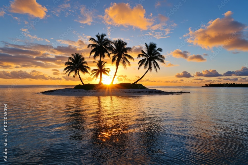 A tropical island at sunrise, with palm trees silhouetted against the golden sky, and the gentle waves reflecting the warm morning light A tropical island at sunrise, with palm trees silhouetted against the golden sky, and the gentle waves reflecting the warm morning light