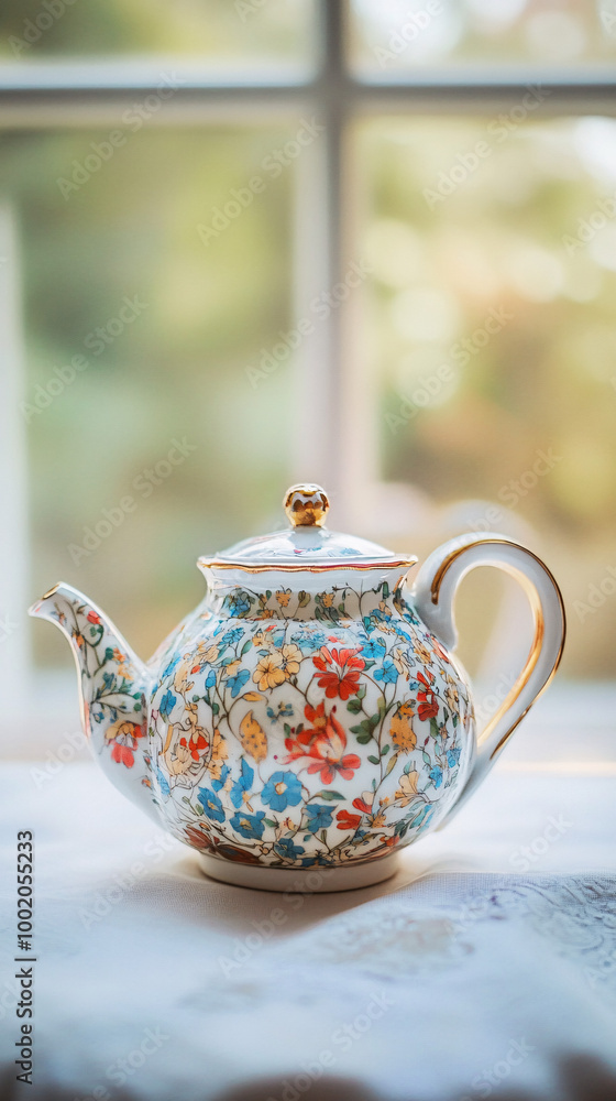 floral teapot on white tablecloth in soft light floral teapot on white tablecloth in soft light