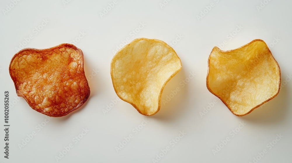 Thin, crispy potato chips lying flat on a white backdrop, capturing the detailed texture and golden-brown hue of each chip with perfect clarity Thin, crispy potato chips lying flat on a white backdrop, capturing the detailed texture and golden-brown hue of each chip with perfect clarity