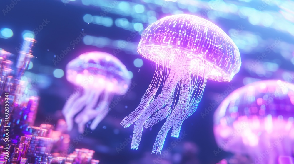 Obraz premium Magical Pixelated Coral Reef with Glowing Jellyfish in Surreal Underwater Landscape