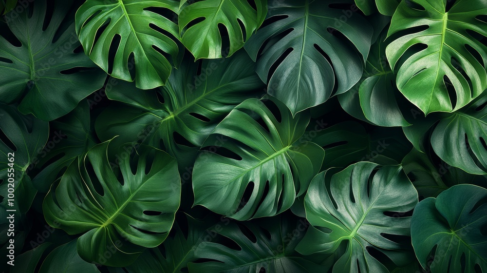 Top view of a Monstera banner, leaves forming an organic wave pattern, rich green texture with delicate veins, soft focus edges for a calming effect Top view of a Monstera banner, leaves forming an organic wave pattern, rich green texture with delicate veins, soft focus edges for a calming effect