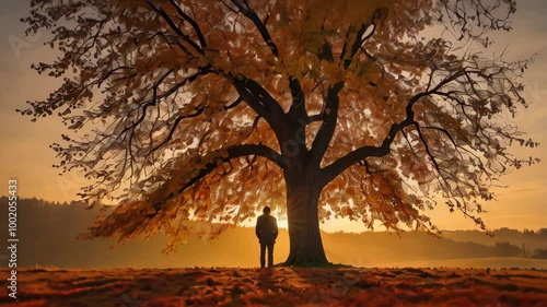 A solitary figure stands under a large autumn tree at sunset in a serene landscape
