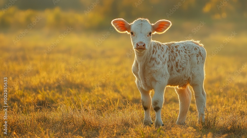 Obraz premium A young Brahman calf standing beside its mother in an open field, both bathed in soft evening light.