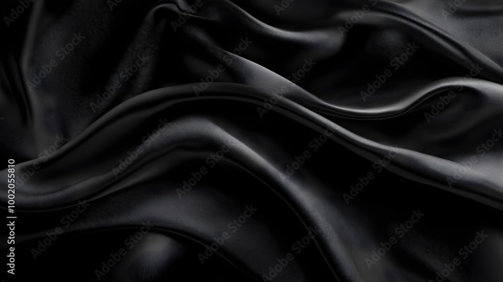 a close-up view of black fabric with a smooth, silky texture. The fabric is draped and folded in a way that creates soft, flowing waves and curves a close-up view of black fabric with a smooth, silky texture. The fabric is draped and folded in a way that creates soft, flowing waves and curves