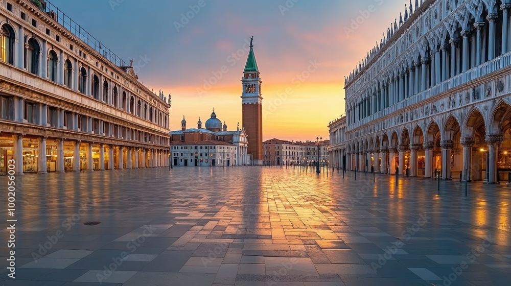 Fototapeta premium An empty Piazza San Marco in Venice, with the bell tower and St. Mark Basilica in the background.