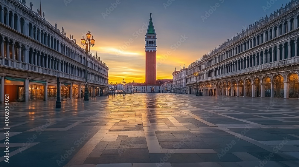 Fototapeta premium An empty Piazza San Marco in Venice, with the bell tower and St. Mark Basilica in the background.
