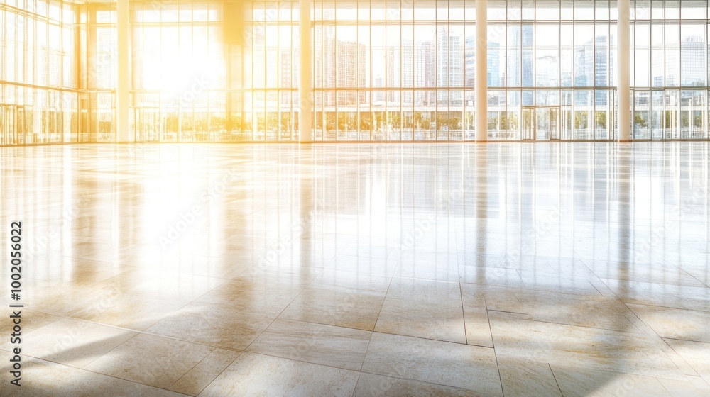 A spacious interior with large windows allowing sunlight to illuminate the polished floor. A spacious interior with large windows allowing sunlight to illuminate the polished floor.
