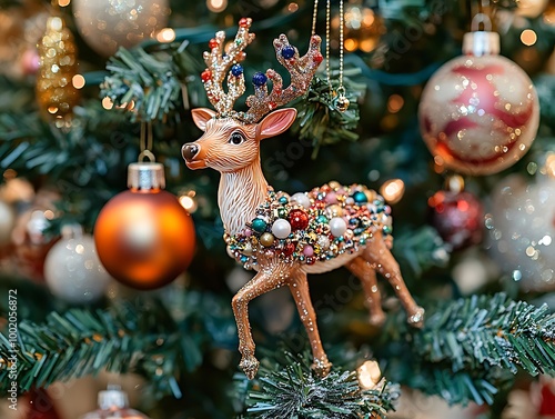 A charming reindeer ornament with colorful embellishments showcased among a variety of ornaments on a lush Christmas tree photo