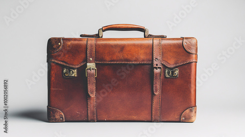 vintage brown leather suitcase on white background