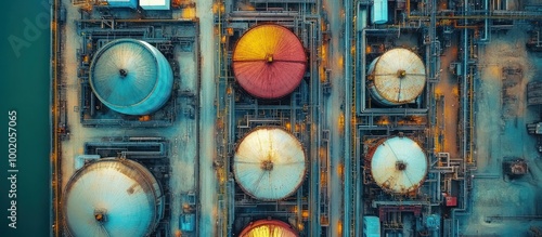 Aerial view of a storage tank facility with pipes and equipment, with a focus on the colorful storage tanks.