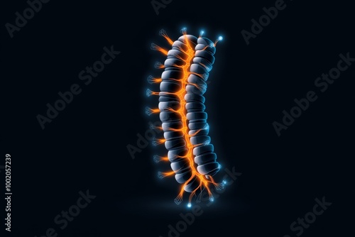 Geometric illustration of the spinal cord, using minimal shapes to depict the vertebral column, spinal nerves, and central nervous system photo