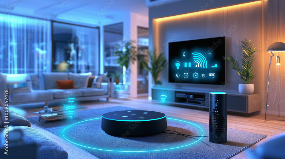 Modern Smart Home.  A smart home setup with digital devices and modern living room decor.