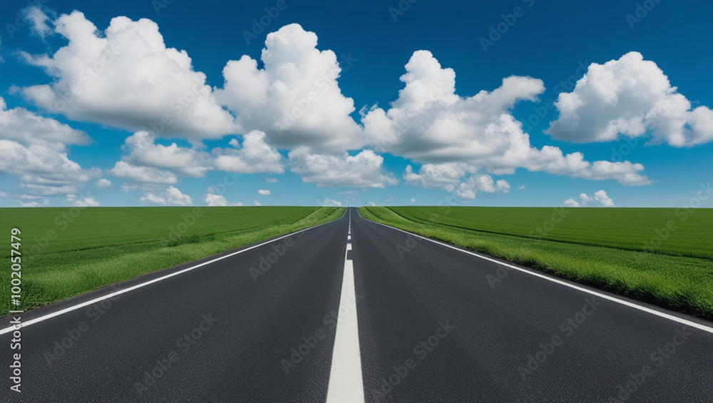 Peaceful Quiet Country Road, Asphalt road in green fields under beautiful sky stock photo Peaceful Quiet Country Road, Asphalt road in green fields under beautiful sky stock photo