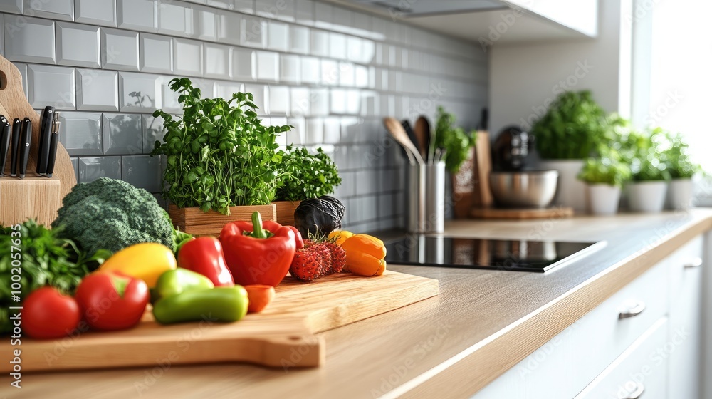 A sleek kitchen counter with modern appliances, wooden cutting boards, and fresh produce arranged in a vibrant display, capturing a clean and stylish culinary space A sleek kitchen counter with modern appliances, wooden cutting boards, and fresh produce arranged in a vibrant display, capturing a clean and stylish culinary space