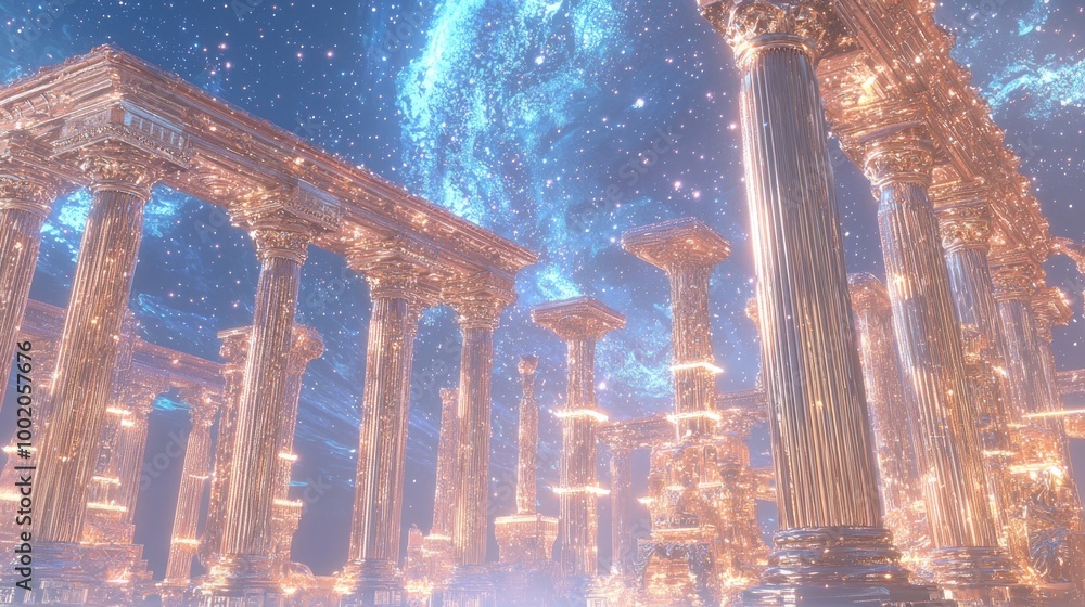 Illuminated Digital Temple in Cosmic Landscape with Glowing Pillars and Intricate Designs under Starry Sky Illuminated Digital Temple in Cosmic Landscape with Glowing Pillars and Intricate Designs under Starry Sky