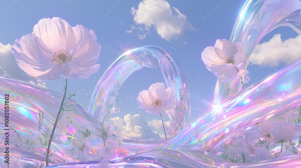 Obraz premium Serene Meadow of Glowing Flowers and Digital Skies