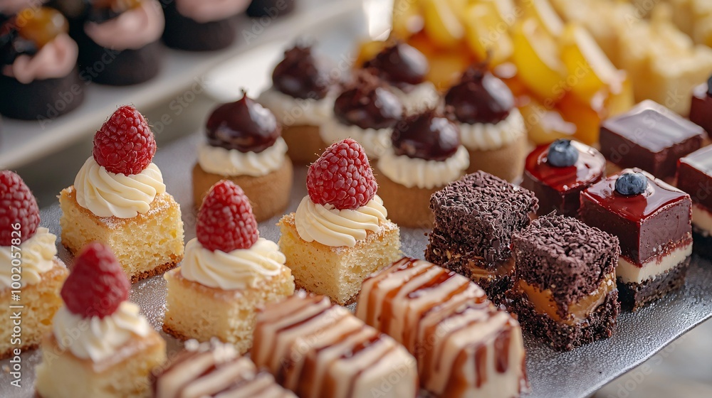 An enticing display of delectable sweets, bursting with vibrant colors and varied textures, elegantly presented on a modern table. An enticing display of delectable sweets, bursting with vibrant colors and varied textures, elegantly presented on a modern table.