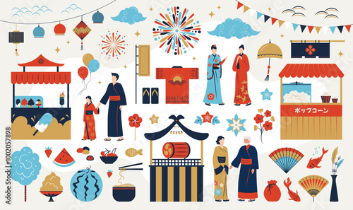 Japan people in yukata. Japanese family walk in park. Booth with beer and children fireworks. Women and men in traditional costumes. Festival fair. Vector Asian holiday elements set