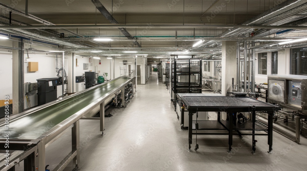 Industrial workspace featuring conveyor belts and equipment for processing or manufacturing. Industrial workspace featuring conveyor belts and equipment for processing or manufacturing.