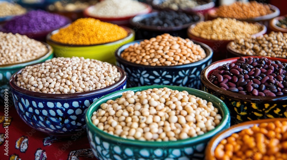 A table filled with an assortment of beans, grains, and legumes in colorful bowls, showcasing a wide range of textures and colors A table filled with an assortment of beans, grains, and legumes in colorful bowls, showcasing a wide range of textures and colors