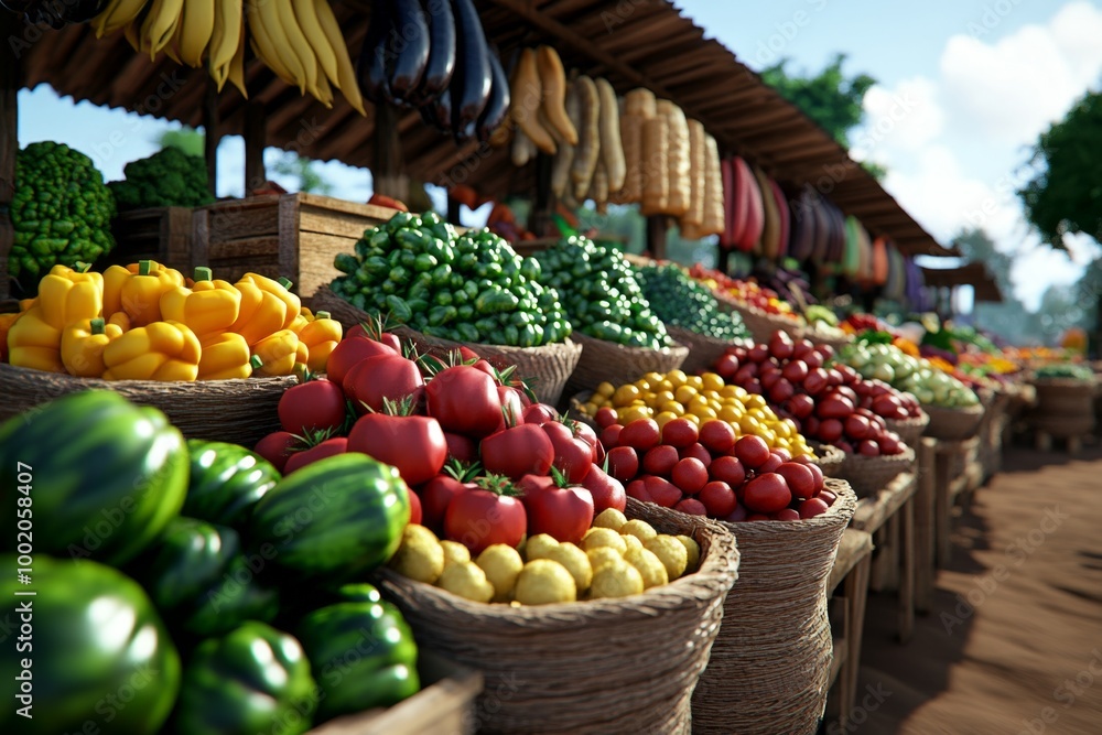 Interactive 3D digital rural market, where every stall, produce, and handcrafted good is fully modeled, bringing the village atmosphere to life in a digital scene Interactive 3D digital rural market, where every stall, produce, and handcrafted good is fully modeled, bringing the village atmosphere to life in a digital scene